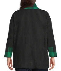 Ali Miles Plus Size Brushed Buffalo Plaid Textured Knit Cowl Neck 3/4 Sleeve Pullover Tunic