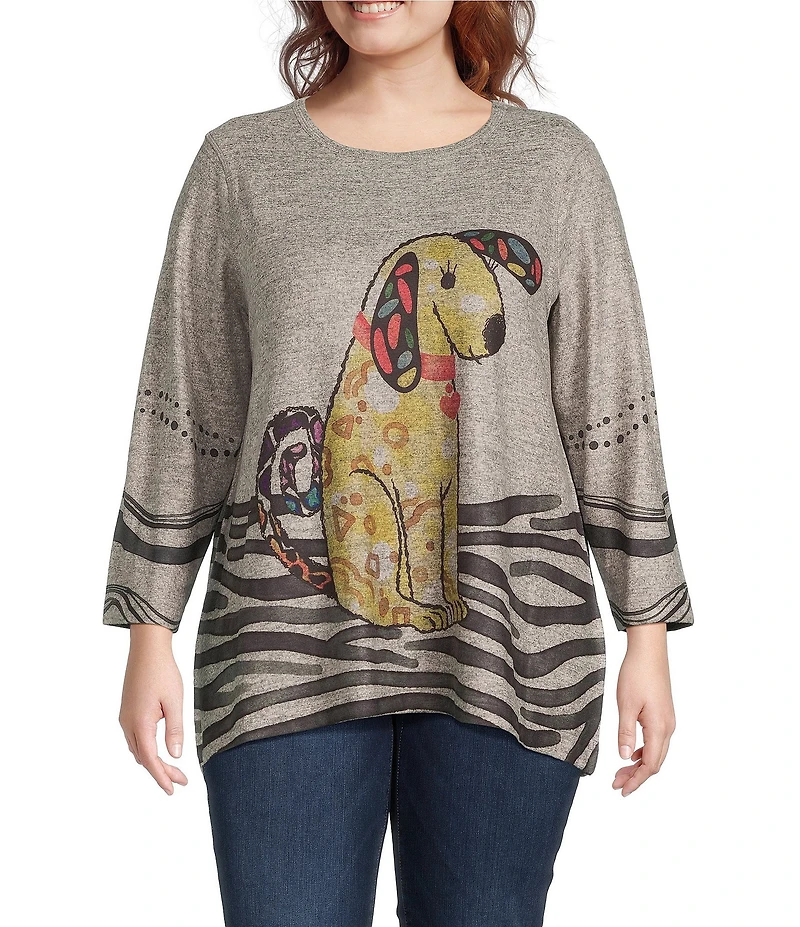 Ali Miles Plus Size Brushed Knit Novelty Abstract Stripe Dog Print Round Neck Long Sleeve Popover Tunic