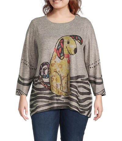 Ali Miles Plus Size Brushed Knit Novelty Abstract Stripe Dog Print Round Neck Long Sleeve Popover Tunic