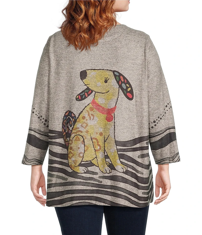 Ali Miles Plus Size Brushed Knit Novelty Abstract Stripe Dog Print Round Neck Long Sleeve Popover Tunic
