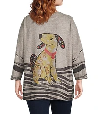 Ali Miles Plus Size Brushed Knit Novelty Abstract Stripe Dog Print Round Neck Long Sleeve Popover Tunic