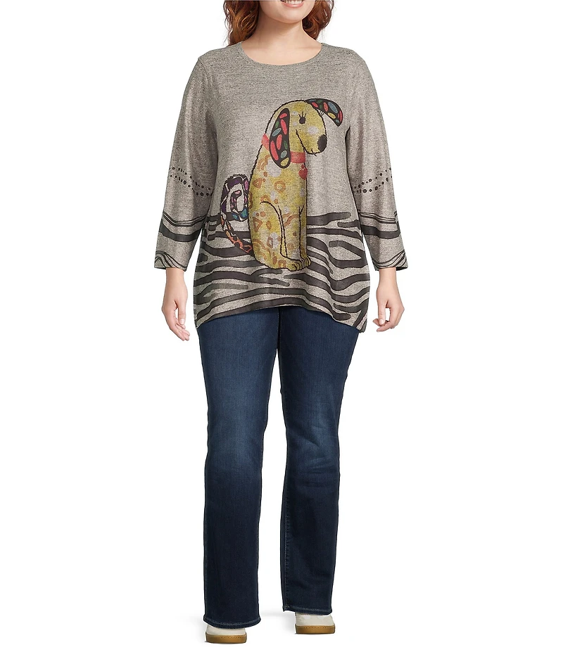 Ali Miles Plus Size Brushed Knit Novelty Abstract Stripe Dog Print Round Neck Long Sleeve Popover Tunic