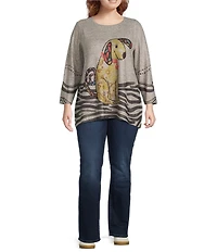 Ali Miles Plus Size Brushed Knit Novelty Abstract Stripe Dog Print Round Neck Long Sleeve Popover Tunic