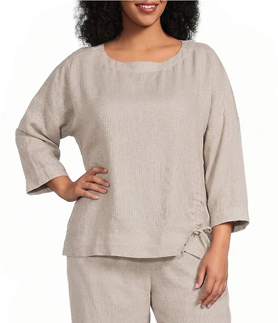 Ali Miles Plus Size Coordinating Round Neck 3/4 Sleeve Cinched Tie Front Hem Top