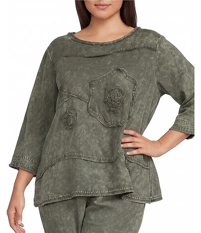 Ali Miles Plus Size Coordinating Woven Floral Applique Round Neck 3/4 Sleeve Top