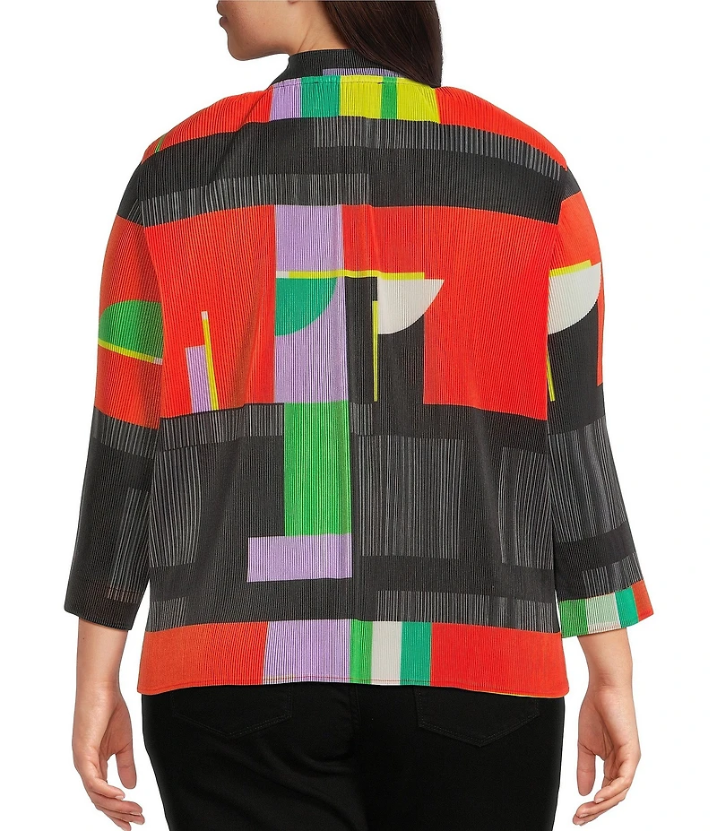 Ali Miles Plus Size Crinkle Pleated Textured Geo Multi Print Stand Collar 3/4 Sleeve Button Front Shirt