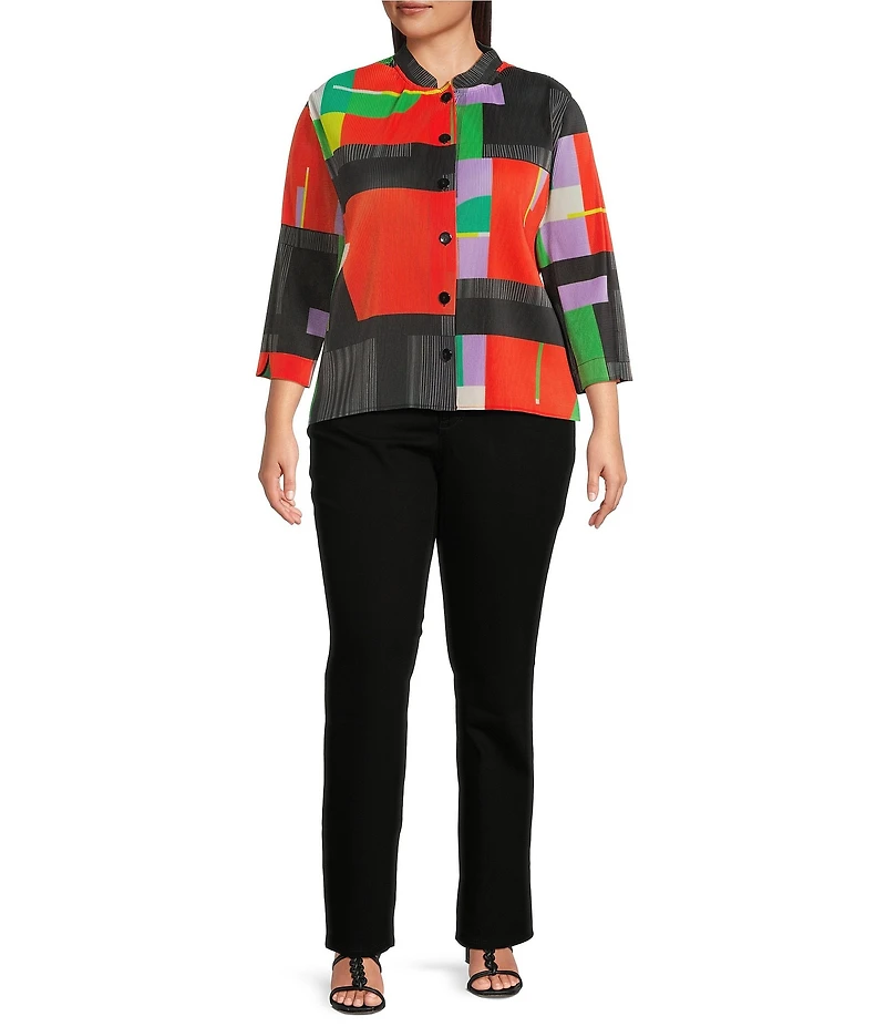 Ali Miles Plus Size Crinkle Pleated Textured Geo Multi Print Stand Collar 3/4 Sleeve Button Front Shirt