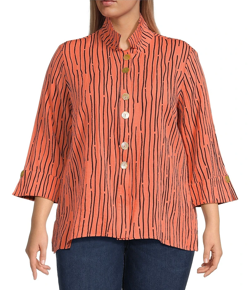 Ali Miles Plus Size Crinkle Woven Abstract Stripe Wire Collar 3/4 Sleeve Button-Front Tunic