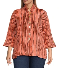 Ali Miles Plus Size Crinkle Woven Abstract Stripe Wire Collar 3/4 Sleeve Button-Front Tunic