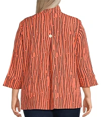 Ali Miles Plus Size Crinkle Woven Abstract Stripe Wire Collar 3/4 Sleeve Button-Front Tunic