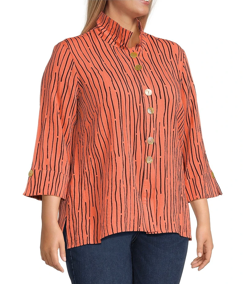 Ali Miles Plus Size Crinkle Woven Abstract Stripe Wire Collar 3/4 Sleeve Button-Front Tunic