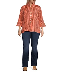 Ali Miles Plus Size Crinkle Woven Abstract Stripe Wire Collar 3/4 Sleeve Button-Front Tunic