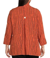 Ali Miles Plus Size Crinkle Woven Abstract Stripe Wire Collar 3/4 Sleeve Button-Front Tunic