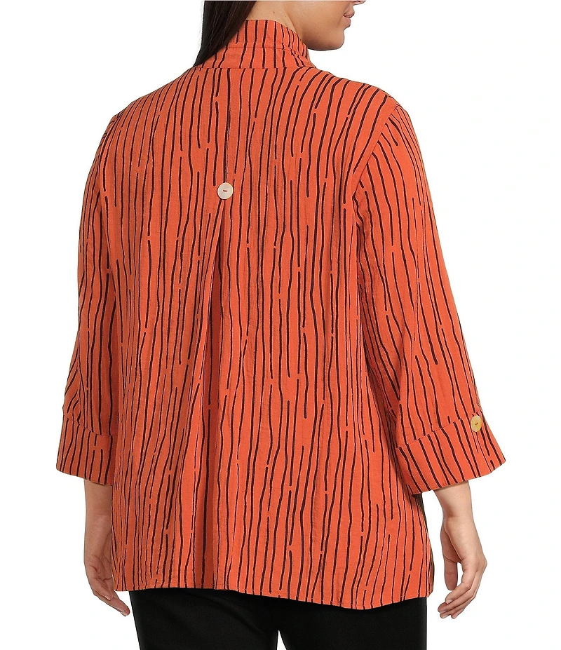 Ali Miles Plus Size Crinkle Woven Abstract Stripe Wire Collar 3/4 Sleeve Button-Front Tunic