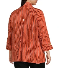 Ali Miles Plus Size Crinkle Woven Abstract Stripe Wire Collar 3/4 Sleeve Button-Front Tunic