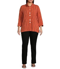 Ali Miles Plus Size Crinkle Woven Abstract Stripe Wire Collar 3/4 Sleeve Button-Front Tunic