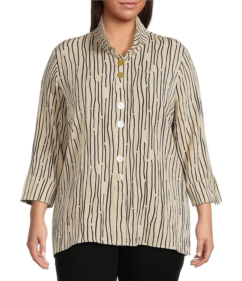 Ali Miles Plus Size Crinkle Woven Abstract Stripe Wire Collar 3/4 Sleeve Button-Front Tunic
