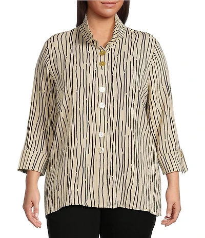 Ali Miles Plus Size Crinkle Woven Abstract Stripe Wire Collar 3/4 Sleeve Button-Front Tunic