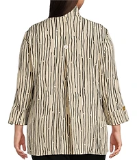 Ali Miles Plus Size Crinkle Woven Abstract Stripe Wire Collar 3/4 Sleeve Button-Front Tunic