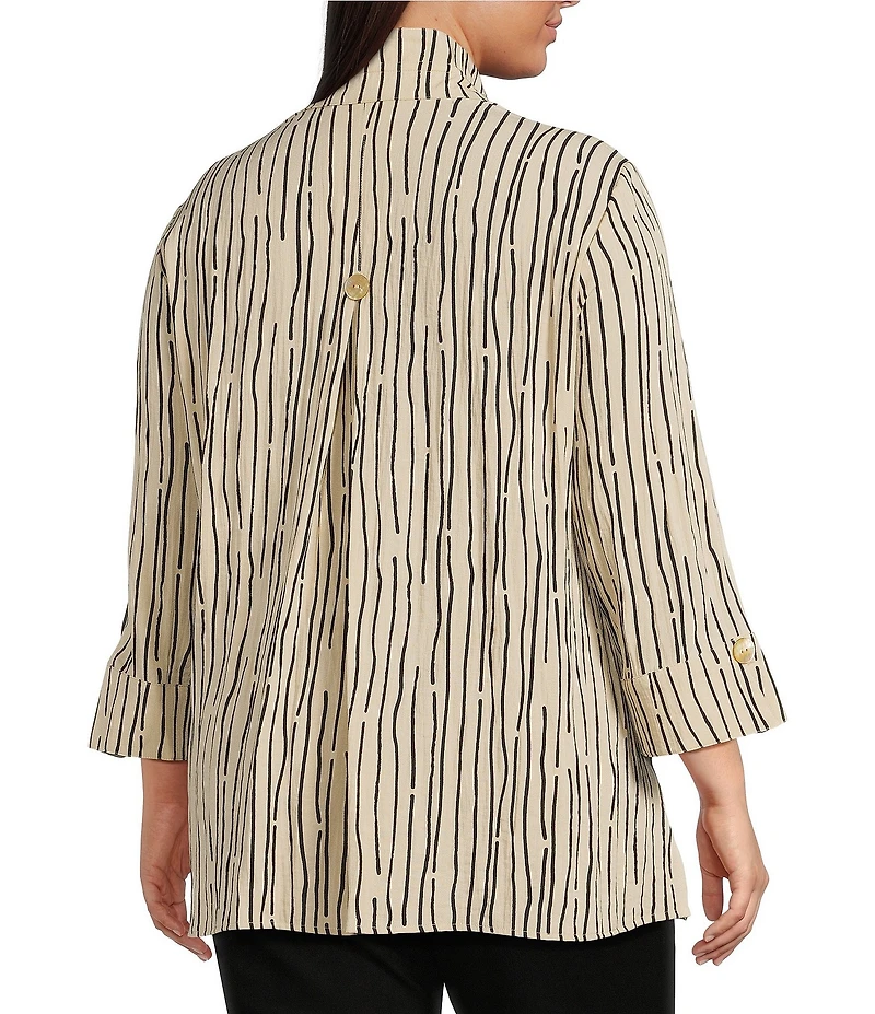 Ali Miles Plus Size Crinkle Woven Abstract Stripe Wire Collar 3/4 Sleeve Button-Front Tunic