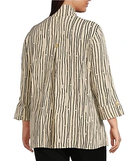Ali Miles Plus Size Crinkle Woven Abstract Stripe Wire Collar 3/4 Sleeve Button-Front Tunic