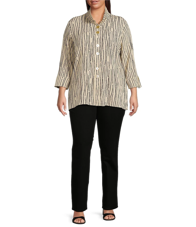 Ali Miles Plus Size Crinkle Woven Abstract Stripe Wire Collar 3/4 Sleeve Button-Front Tunic