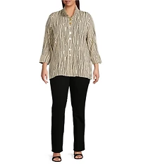 Ali Miles Plus Size Crinkle Woven Abstract Stripe Wire Collar 3/4 Sleeve Button-Front Tunic