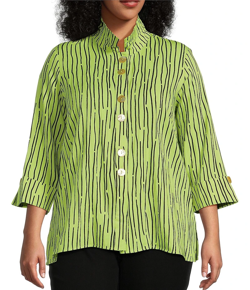 Ali Miles Plus Size Crinkle Woven Abstract Stripe Wire Collar 3/4 Sleeve Button-Front Tunic