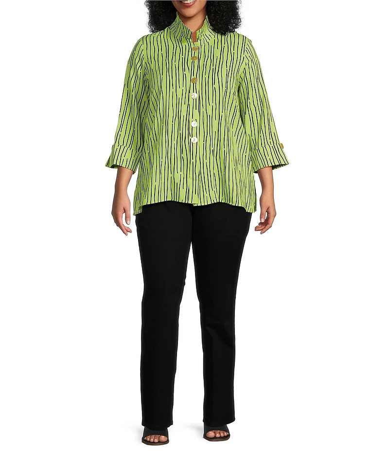 Ali Miles Plus Size Crinkle Woven Abstract Stripe Wire Collar 3/4 Sleeve Button-Front Tunic