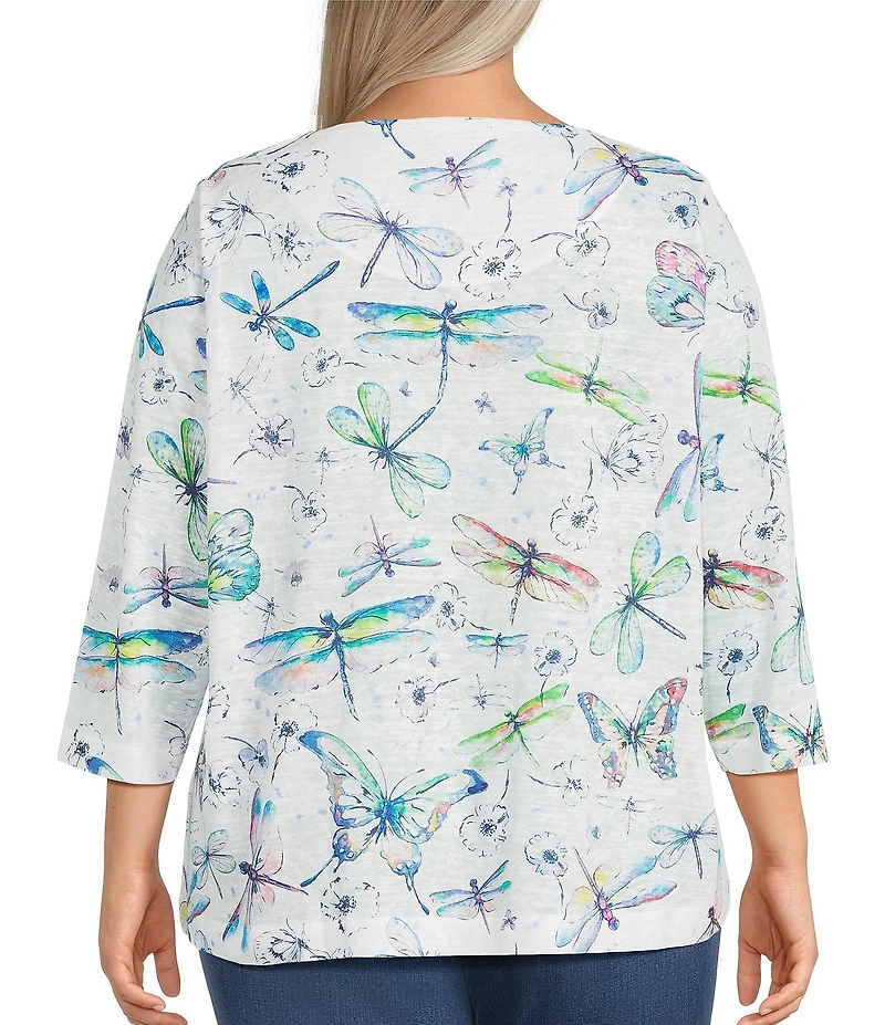 Ali Miles Plus Size Dragonfly Print Round Neck 3/4 Sleeve High Low Hem Top