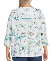 Ali Miles Plus Size Dragonfly Print Round Neck 3/4 Sleeve High Low Hem Top