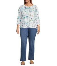 Ali Miles Plus Size Dragonfly Print Round Neck 3/4 Sleeve High Low Hem Top