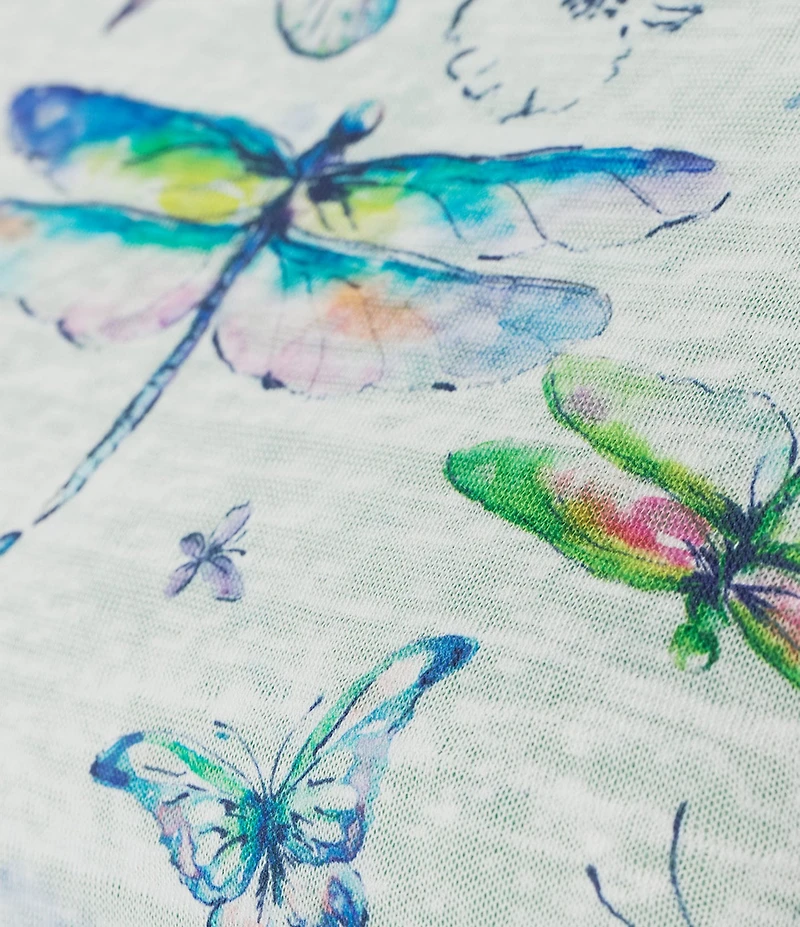 Ali Miles Plus Size Dragonfly Print Round Neck 3/4 Sleeve High Low Hem Top