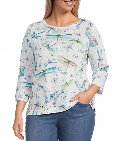 Ali Miles Plus Size Dragonfly Print Round Neck 3/4 Sleeve High Low Hem Top
