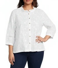 Ali Miles Plus Size Embroidered Eyelet Floral Stand Collar 3/4 Sleeve Button-Front Tunic