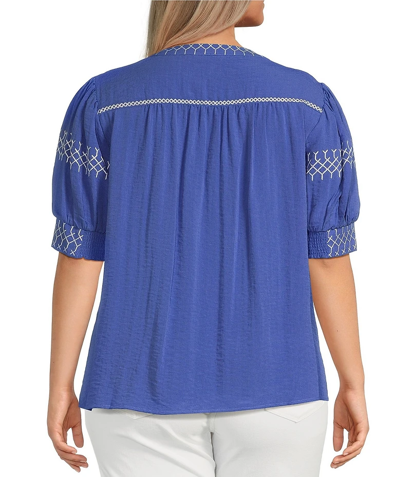 Ali Miles Plus Size Embroidered Split V-Neck Elbow Sleeve Tunic