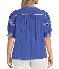 Ali Miles Plus Size Embroidered Split V-Neck Elbow Sleeve Tunic