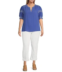 Ali Miles Plus Size Embroidered Split V-Neck Elbow Sleeve Tunic