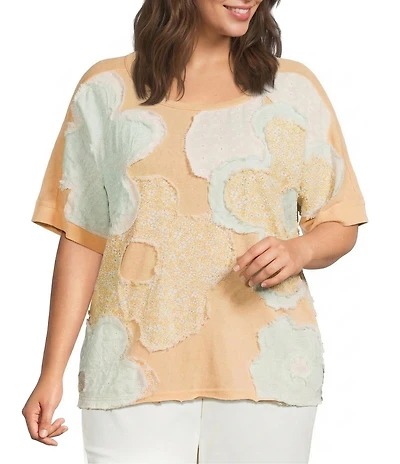 Ali Miles Plus Size Floral Applique Round Neck Short Sleeve Knit Top