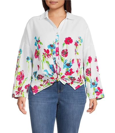 Ali Miles Plus Size Floral Border Print Point Collar Long Roll-Tab Sleeve Tie Front Shirt