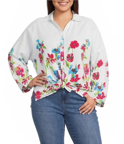 Ali Miles Plus Size Floral Border Print Point Collar Long Roll-Tab Sleeve Tie Front Shirt