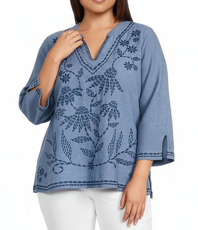 Ali Miles Plus Size Floral Leaf Embroidered V-Neck 3/4 Split Sleeve Tunic