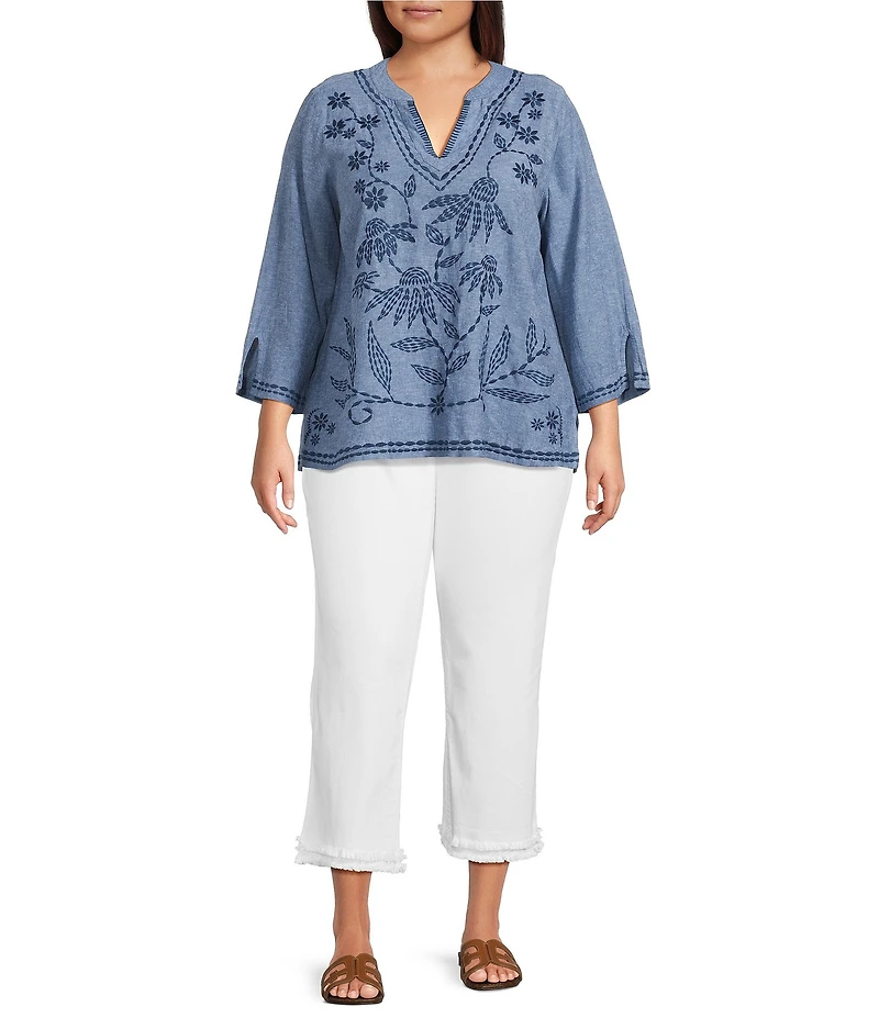 Ali Miles Plus Size Floral Leaf Embroidered V-Neck 3/4 Split Sleeve Tunic