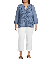 Ali Miles Plus Size Floral Leaf Embroidered V-Neck 3/4 Split Sleeve Tunic