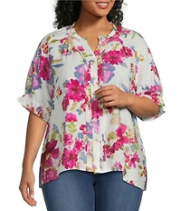 Ali Miles Plus Size Floral Y-Neck Elbow Ruffle Sleeve Button Front Tunic