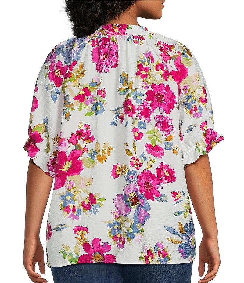 Ali Miles Plus Size Floral Y-Neck Elbow Ruffle Sleeve Button Front Tunic
