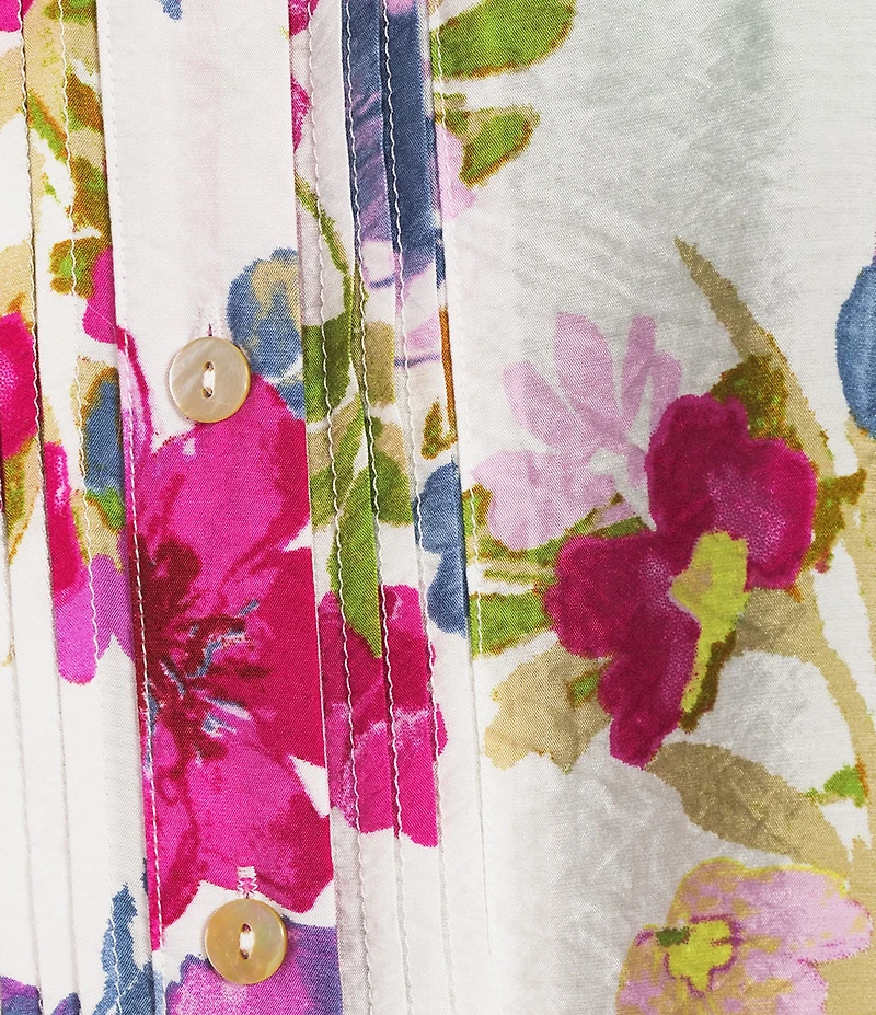 Ali Miles Plus Size Floral Y-Neck Elbow Ruffle Sleeve Button Front Tunic