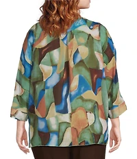 Ali Miles Plus Size Geo Multi Y-Neck 3/4 Dolman Sleeve Button Front Shirt