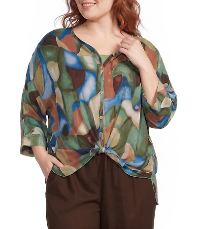 Ali Miles Plus Size Geo Multi Y-Neck 3/4 Dolman Sleeve Button Front Shirt