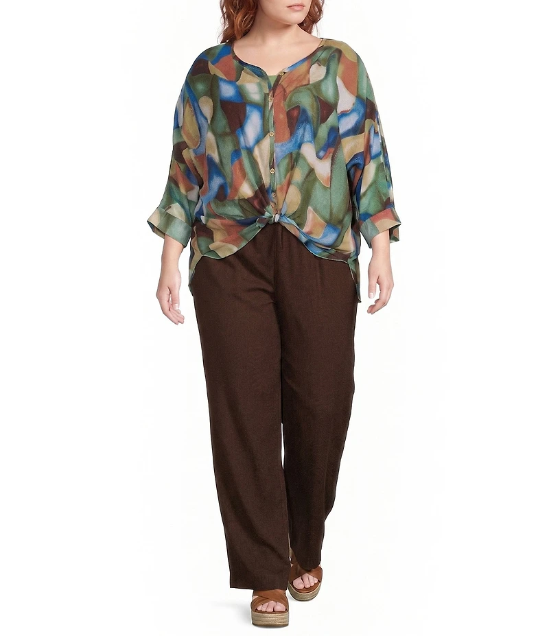 Ali Miles Plus Size Geo Multi Y-Neck 3/4 Dolman Sleeve Button Front Shirt
